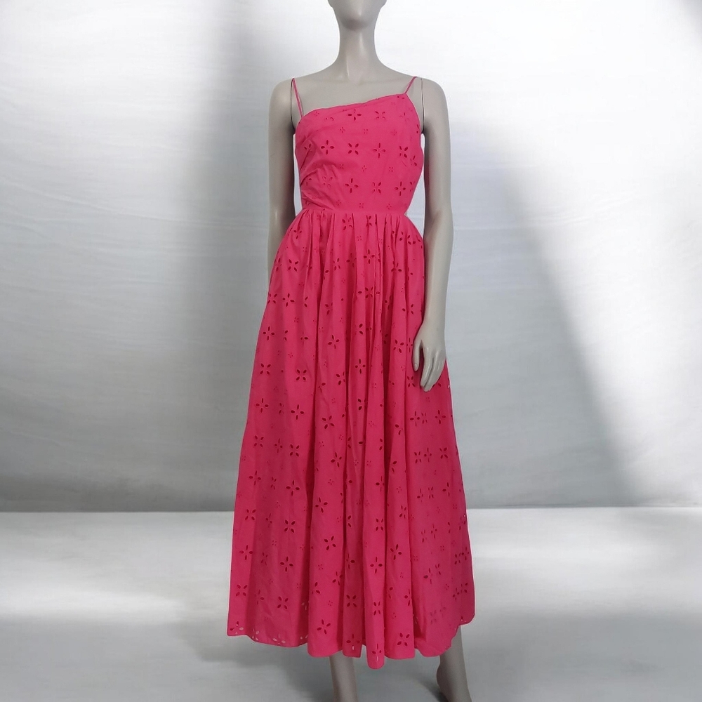 NEW J CREW Pink Eyelet Midi Dress 2 String Tie Open Back Full Skirt Sleeveless - Picture 3 of 15